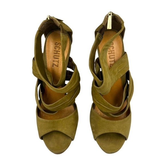 SCHUTZ Criss Cross Platform Heels Olive Green 9B - Picture 4 of 12